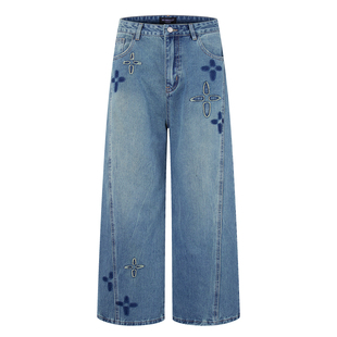 巴黎轻奢美式复古刺绣牛仔裤男女宽松直筒长裤高街风潮牌阔腿裤