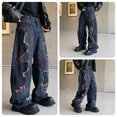 巴黎风格美式复古破洞补丁牛仔裤