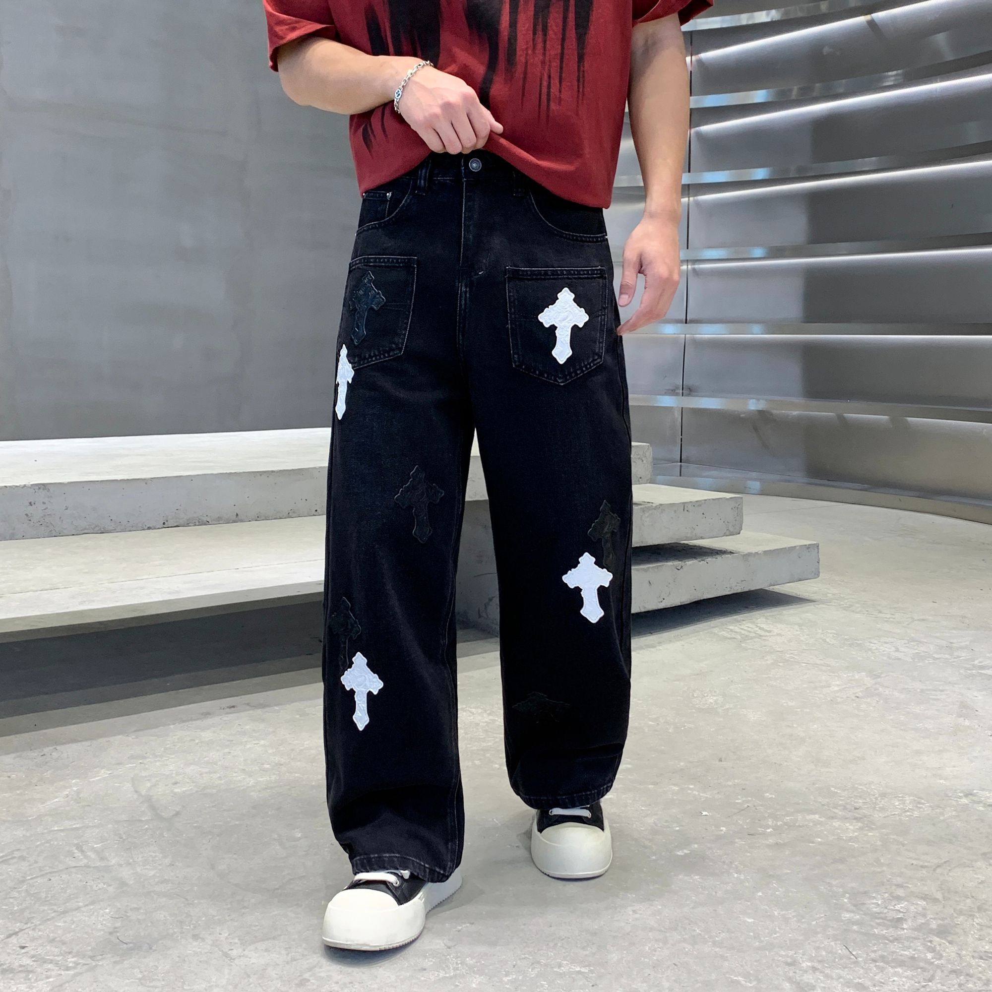 巴黎潮牌复古美式高街风十字架贴皮刺绣牛仔裤男宽松直筒阔腿长裤,男装,牛仔裤,淘宝优惠券,粉丝福利购,淘宝优惠卷