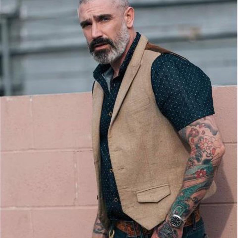 欧美西部牛仔鹿皮绒拼接西装马甲男秋冬休闲大码毛呢马夹猎装外套