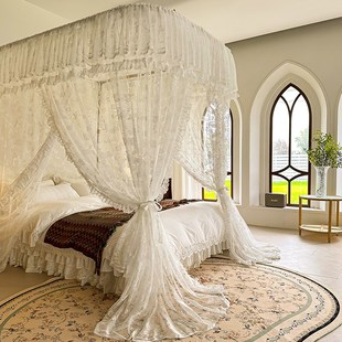 法式床幔蕾丝U型轨道蚊帐豪华别墅三开门家用公主风落地纱帐防尘