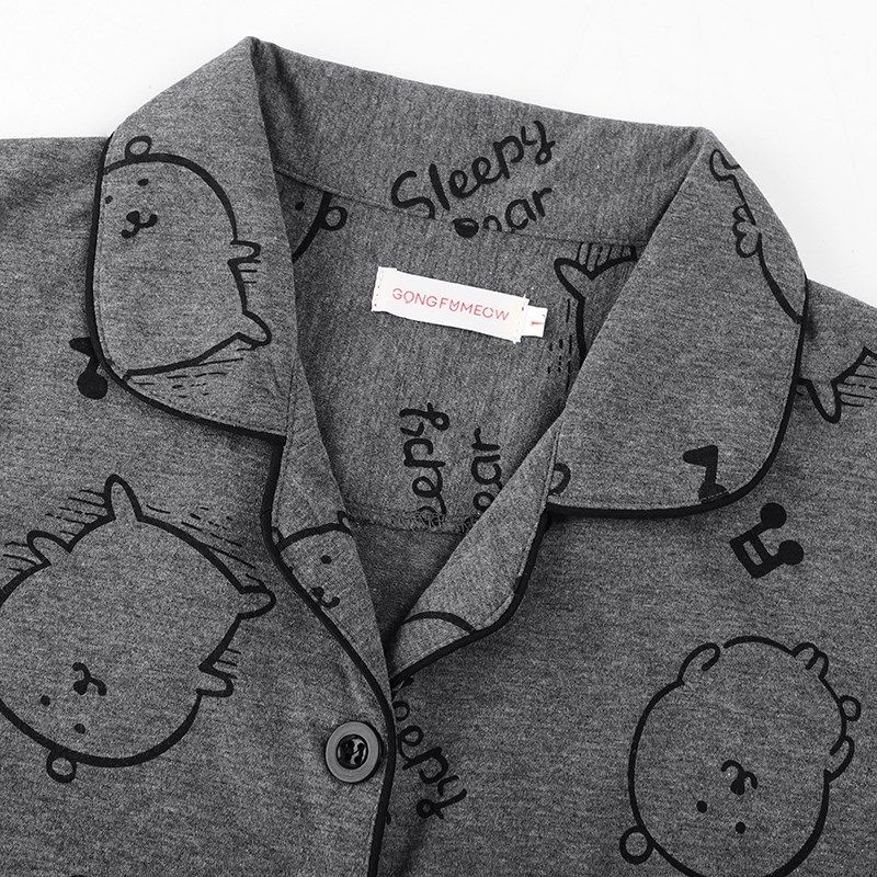 自嘲熊睡衣男女夏季短袖情侣可爱开衫网红风纯棉灰色高级感家居服