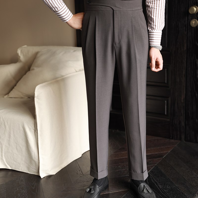 休闲高腰直筒西裤男秋季商务免熨烫弹性长裤那不勒斯灰色垂感西装