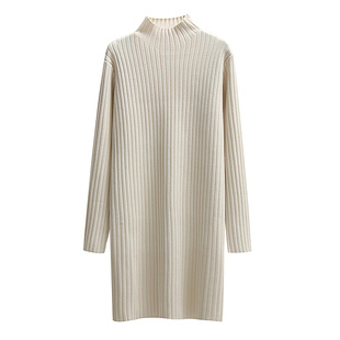 针织打底连衣裙女秋冬内搭半高领配大衣中长款黑白色过膝毛衣裙子