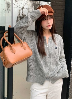 AGXS秋冬新款双拉链短款上衣简约百搭灰色针织开衫外套毛衣