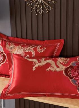 喜庆绣纯棉一套对全棉枕花QBT头刺绣装单人枕套结婚婚庆大红色