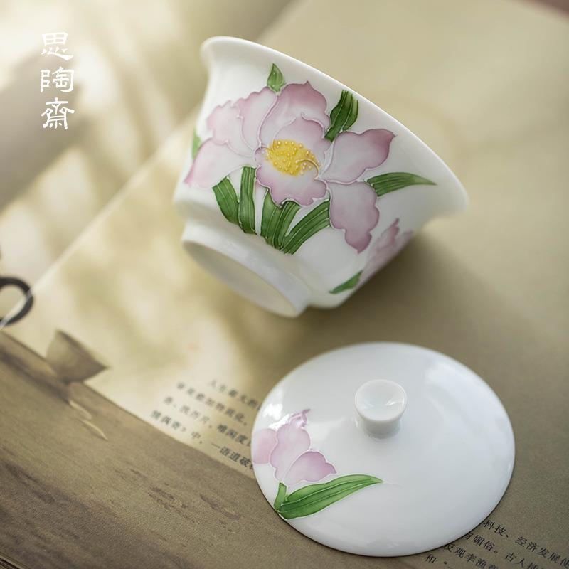 手绘堆雕鸢尾花马蹄盖碗现代小清新家用陶瓷单个茶碗泡茶碗