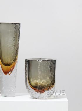 创约简灰色锤意渐变琥珀色琉璃花瓶样板LTL房民宿纹软装鲜花仿真