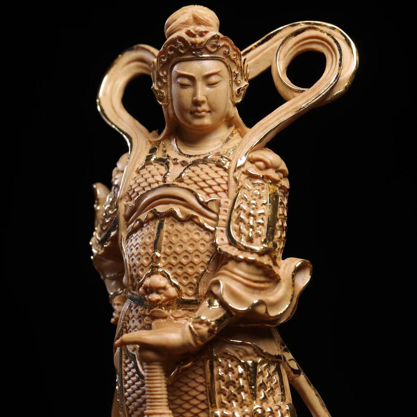 韦陀小叶黄杨木雕文玩摆件珈蓝菩萨供奉木质工艺品中式根雕描金