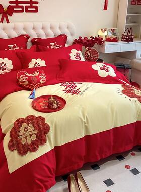 高端1棉06100长棉婚庆四件套全纯支棉绒结婚礼大红色公主风床上用