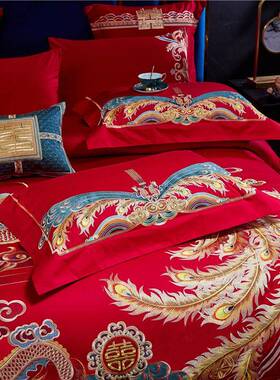 大红色结婚全棉140支双股贡长绒棉婚缎多四件套刺NUV绣庆纯棉件套