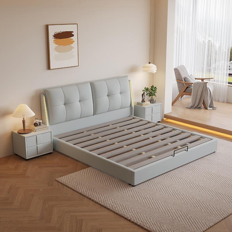 皮床意式极简主卧大现代NXV简约婚奶风双人软包床头床感应油灯储