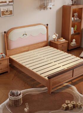儿2童床全实床带软1.35m男孩靠女孩金QVS丝檀木木1.m高箱储物床1.