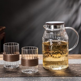家用客厅耐高温茶具高颜值木腰浮雕冷水壶咖啡啤酒杯 玻璃水杯套装