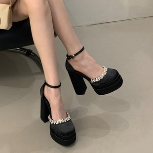 12cm夜店超高跟水钻凉鞋厚底绸缎粗跟防水台一字带单鞋女模特走秀