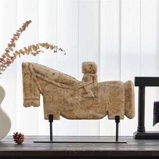 侘寂风天然石马抽象艺术雕塑摆件样板间民宿客厅玄关做旧装 饰品