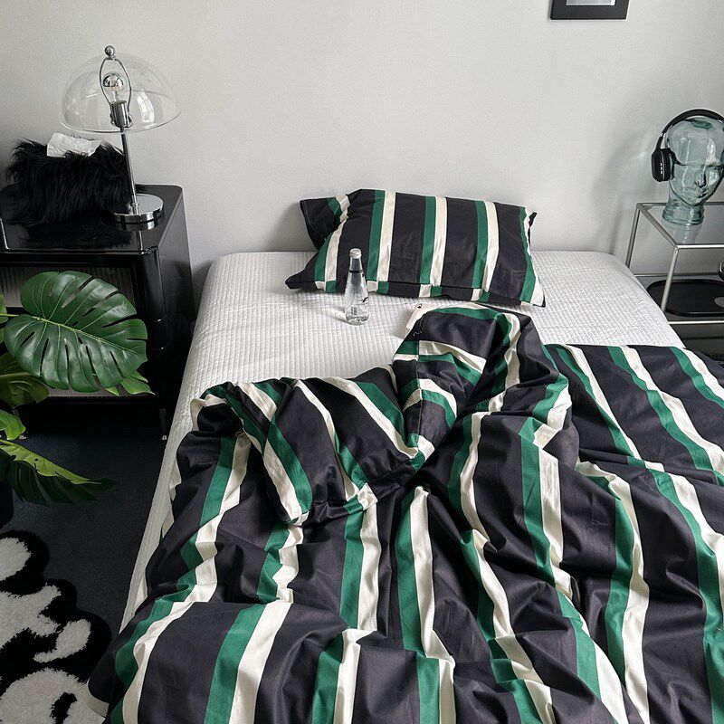 梦幻森林黑绿条纹全棉被套单品 四季款纯棉斜纹单件床品ins简约风