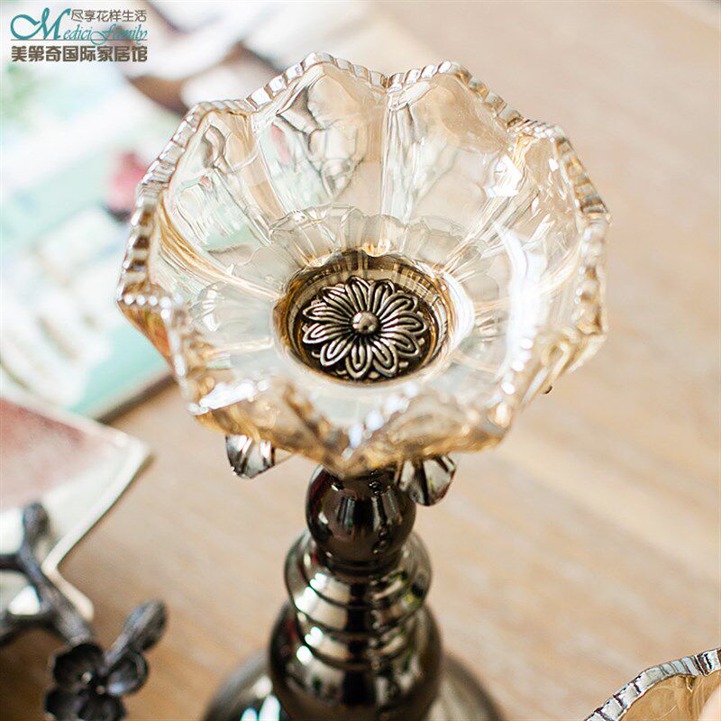 珠光玻璃尖瓣莲花烛台 风灯装饰品摆件 欧式客厅摆设家居配饰