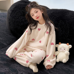 女童珊瑚绒睡衣套装2025新款冬季加绒加厚保暖法兰绒家居服两件套