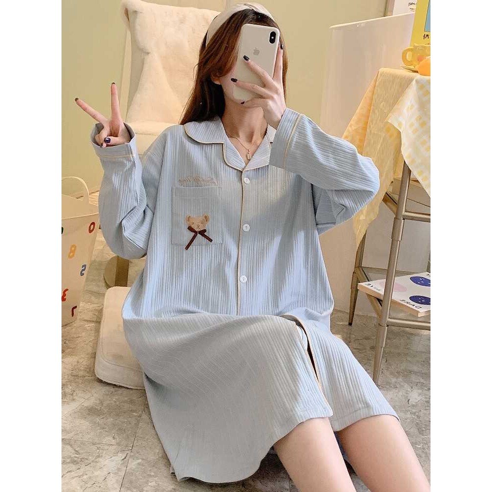 红豆睡衣女春秋纯棉长袖睡裙女长款过膝大码宽松学生可爱孕妇裙