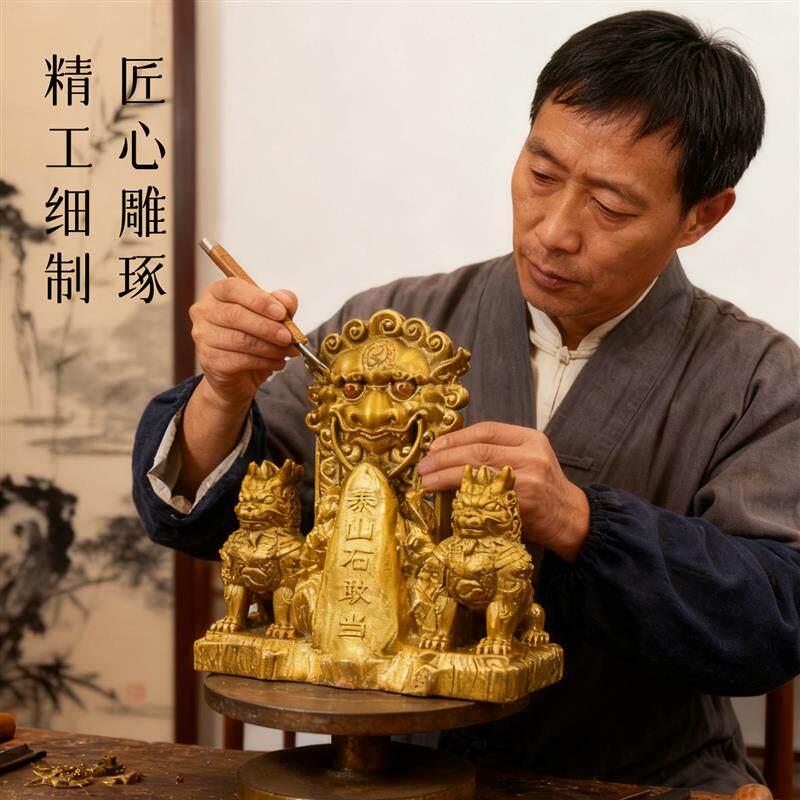 纯铜泰山石敢当摆件双麒麟石敢当家居补角装饰镇宅招财纳福工艺品