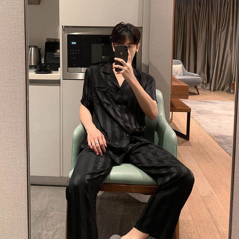 男士春秋冰丝睡衣男长裤短袖套装男款大尺码加肥加大条纹夏季家居