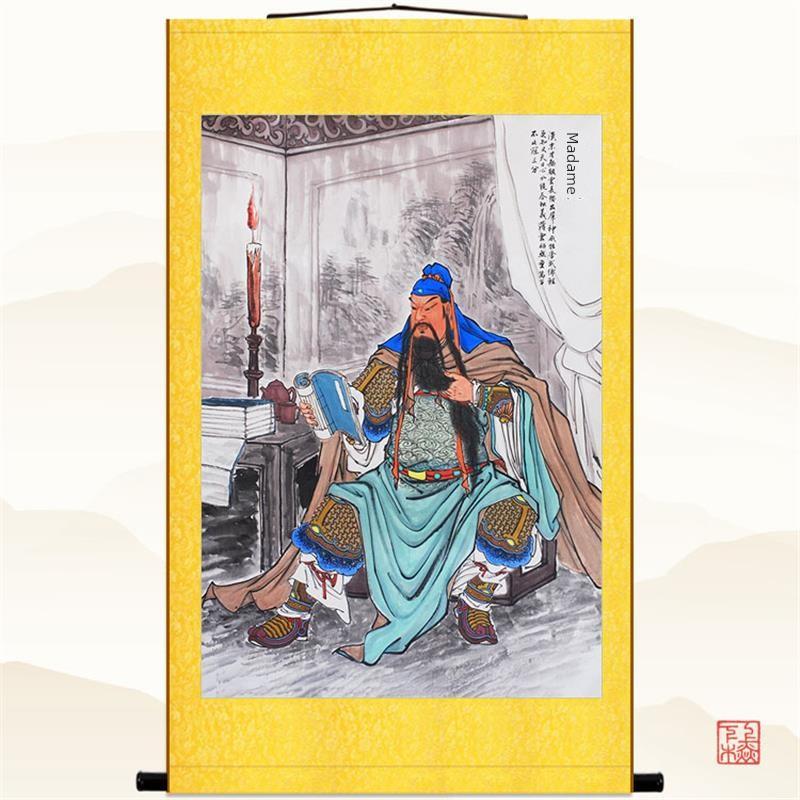 关公夜读春秋图画像挂画 关公关圣帝君书房客厅装饰画 卷轴丝绸画