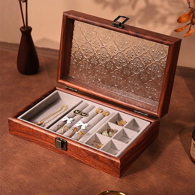 木制首饰盒收纳盒项炼戒指手首饰盒锁2025新款胡桃色高端精致
