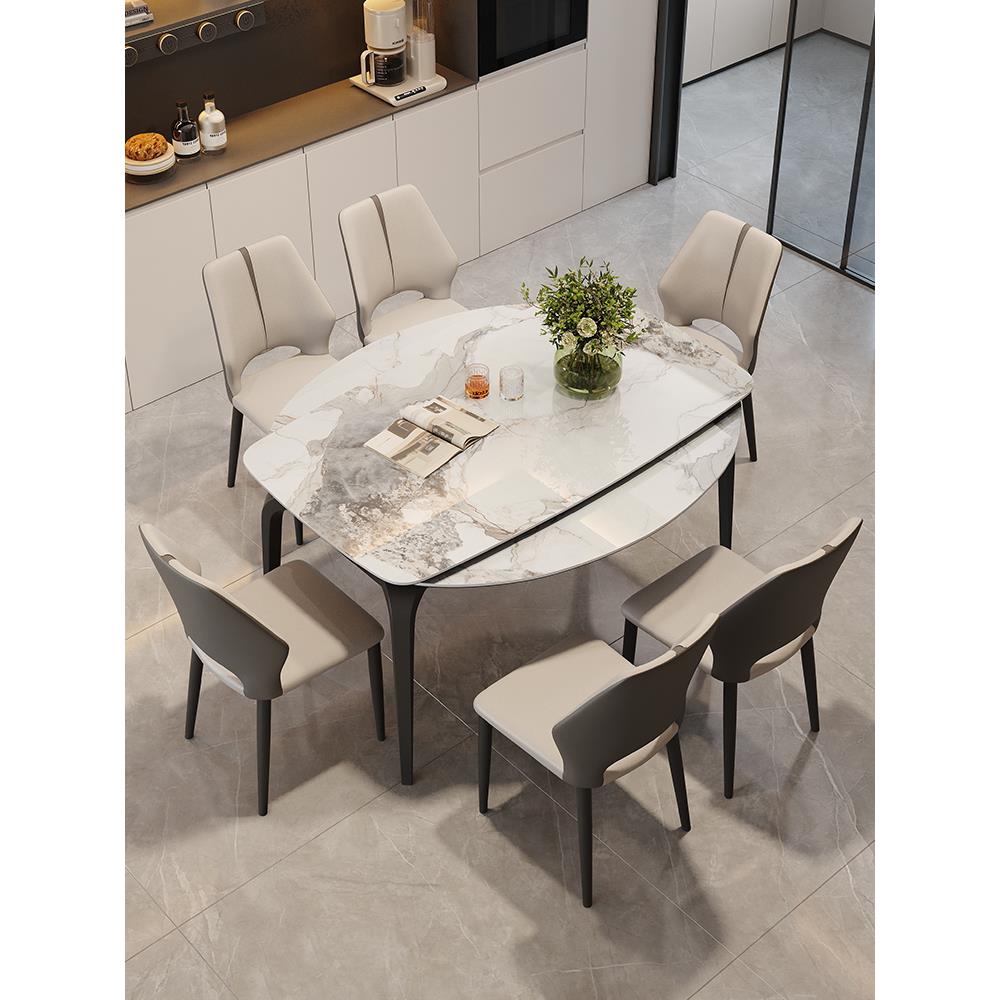 岩板餐桌椅组合家用现代简约多功能小户型可变圆桌方圆两用吃饭桌