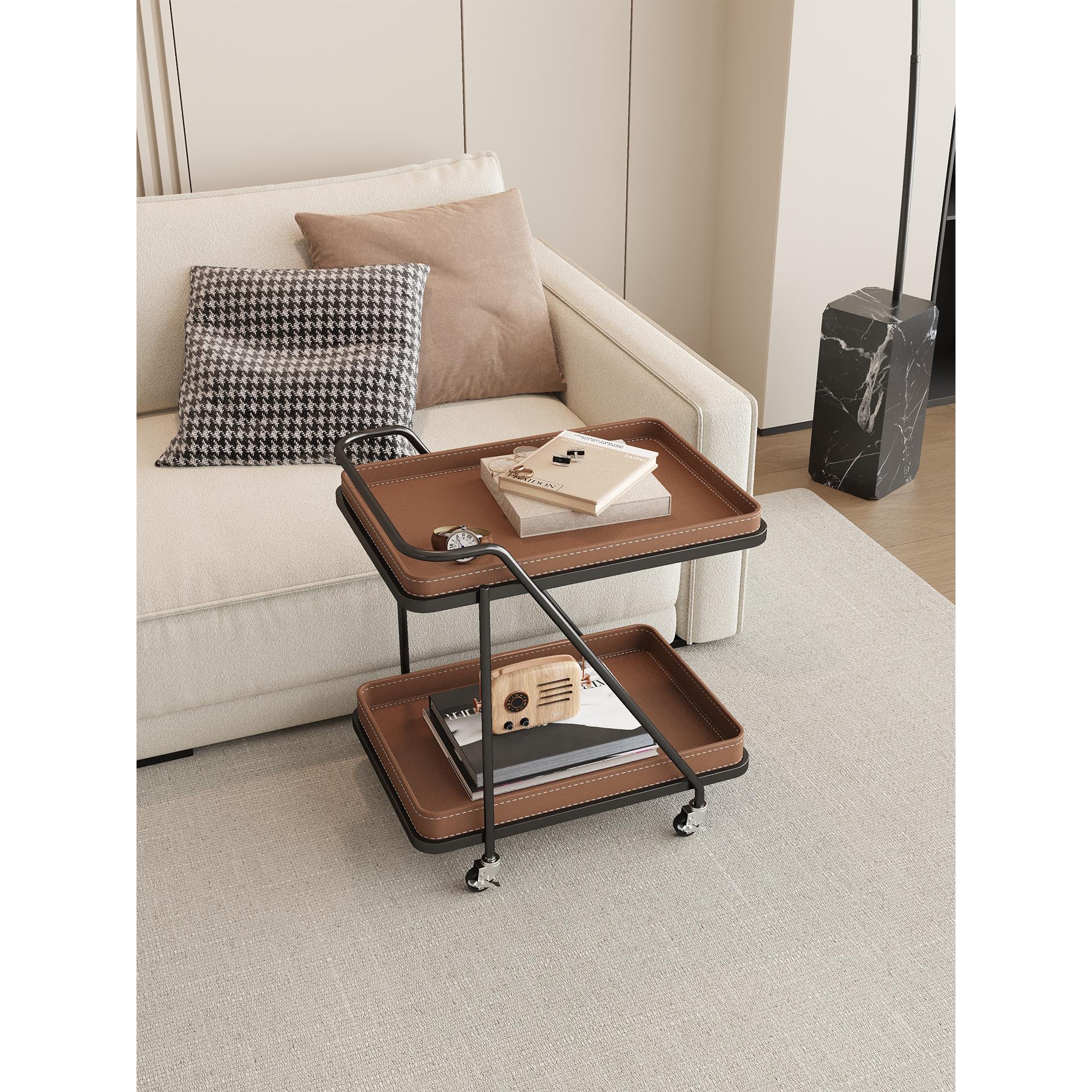 【新品首发】意式轻奢移动边几马鞍皮茶几小推车置物架沙发边柜