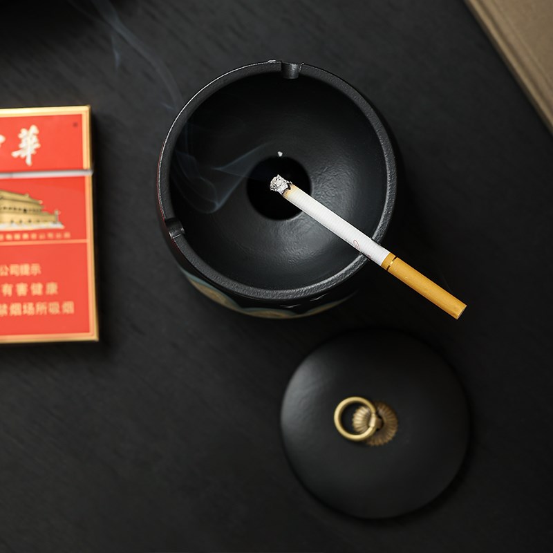 万里山河烟灰缸带盖家用客厅防飞灰商用高级感创意陶瓷漏斗大烟缸