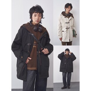 物理少年雪日漫游冬季保暖复古牛角扣中长款宽松连帽棉服情侣