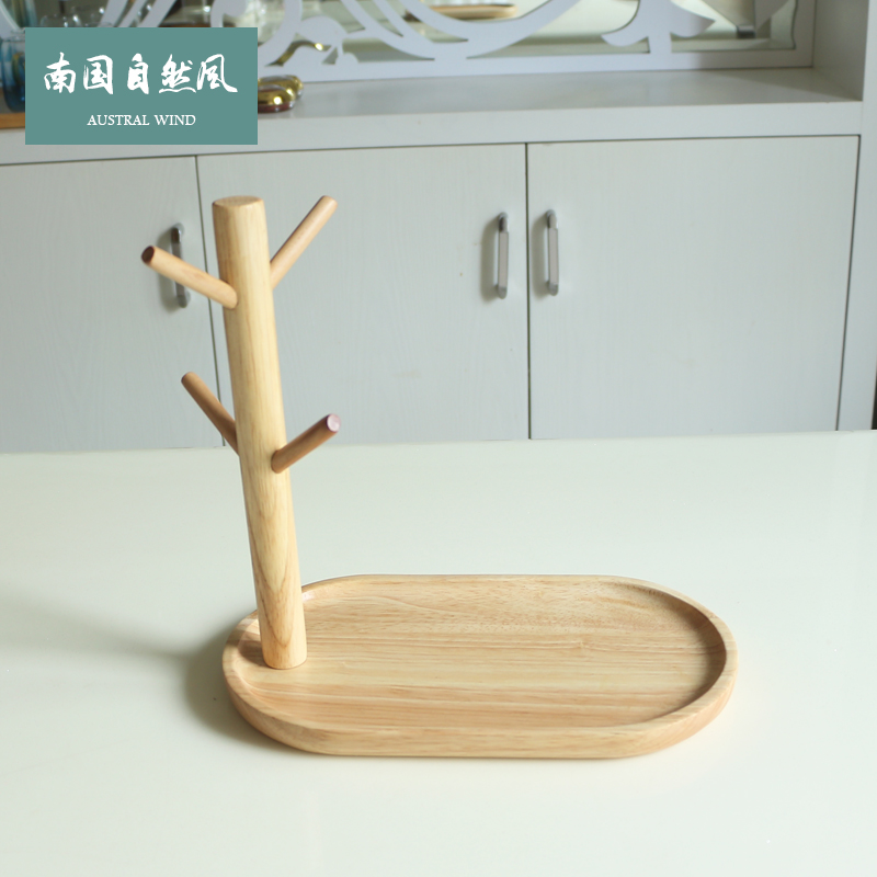 杯架壶托盘简约家用客厅木质水杯架带托盘一体挂杯置物架桌面收纳