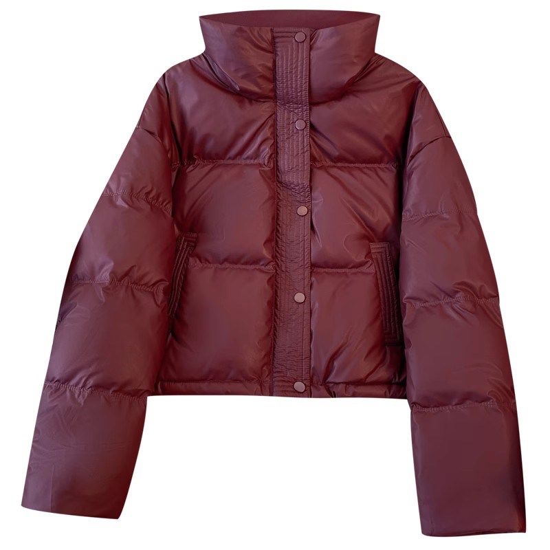 安可拉红色肯豆风立领免洗pu皮短款羽绒服女2024冬季新款加厚外套