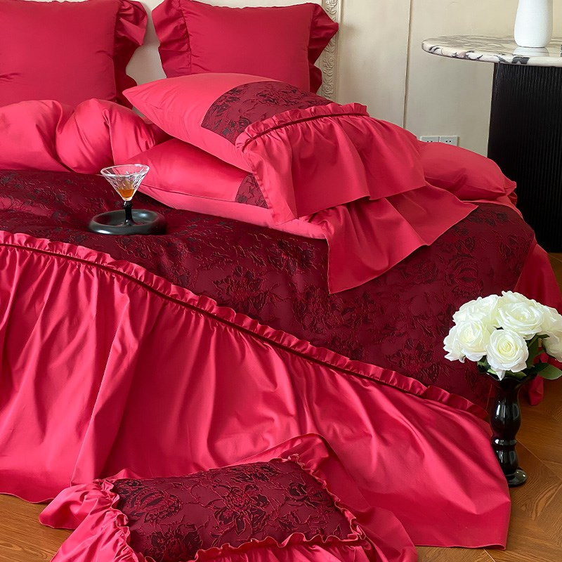 浪漫法式提花婚庆四件套全棉红色花边被套结婚陪嫁床单床上用品