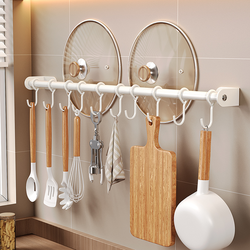 厨房挂钩白色免打孔不锈钢横杆置物架挂钩式壁挂厨具锅铲勺子挂架