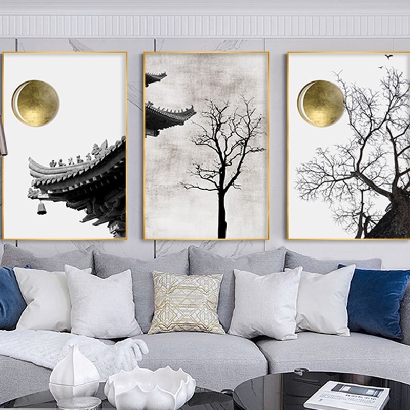 中式挂画江南建筑样板间装饰画黑白树梢铂金月亮壁画走廊过道画