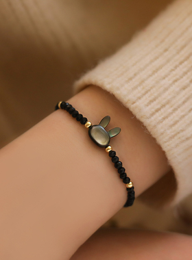 黑色水晶串珠猫咪手链女2024年新款ins小众时尚手环闺蜜女生手饰