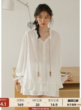 【7/18 00:00新品】轻薄绑带花边领白色长袖衬衫女荷叶边衬衫早秋