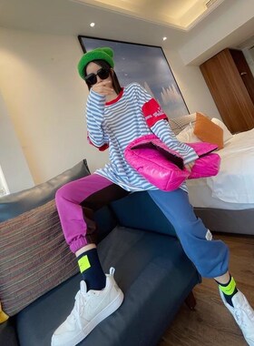 2025春季新款宽松大码百搭蓝色条纹t恤女中长款BF风显Z瘦纯棉打底