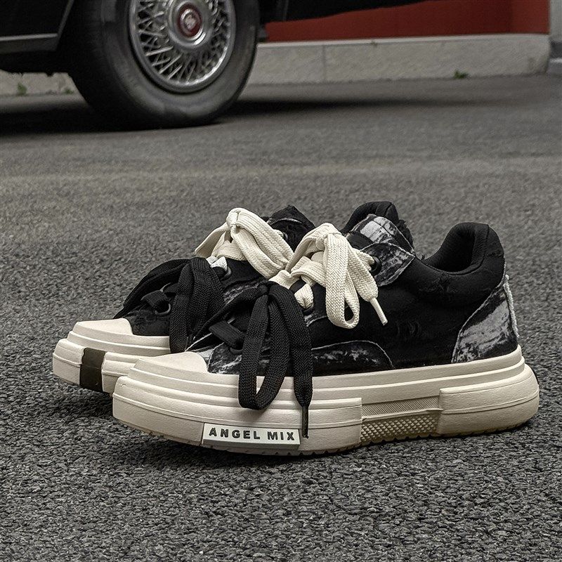 小众高级感厚底增高鞋男款7cm情侣黑色帆布板鞋百搭鞋子男鞋潮鞋