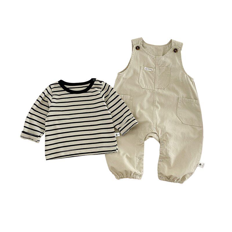 春秋季婴儿工装背带裤条纹打底衫洋气男宝宝连体衣两件套春装