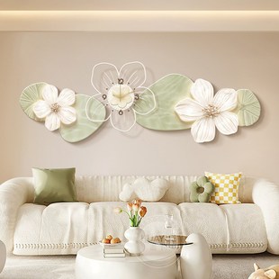 奶油风客厅装饰画创意花卉沙发背景墙挂画高级感带钟表卧室壁画灯