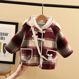 女童加绒呢大衣2025秋冬儿童连帽仿兔毛外套女宝宝英伦风格子上衣
