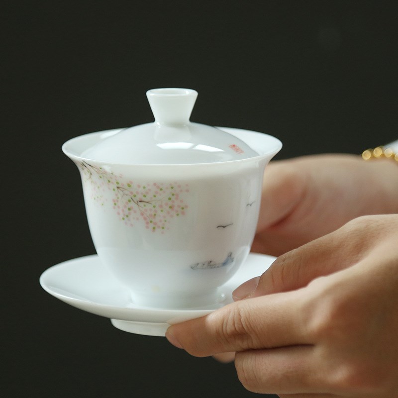 玉泥手绘白瓷中式简约功夫茶具陶瓷三才盖碗大号釉下彩敬茶杯茶碗