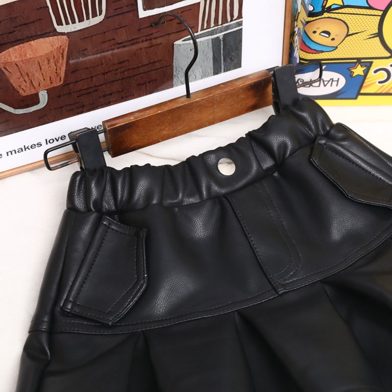 女童PU皮半身裙加绒加厚带内衬春秋冬女宝宝皮短裙洋气A字皮裙