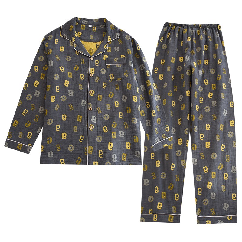 新款复古提花男士睡衣春秋季纯棉色织纱布长袖开衫宽松家居服大码