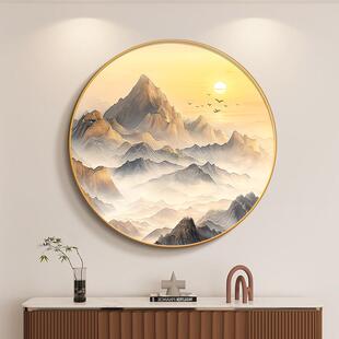 背有靠山圆形挂画新中式客厅东墙旭日东升装饰画入户玄关餐厅壁画