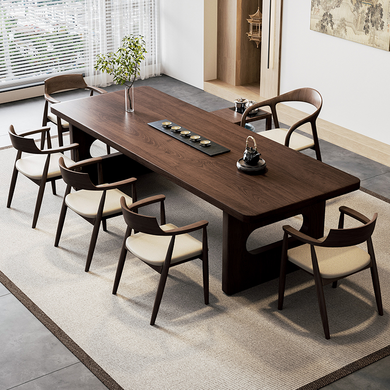 实木大板茶桌椅组合一桌六椅茶几办公室客厅家用泡茶台新中式茶桌