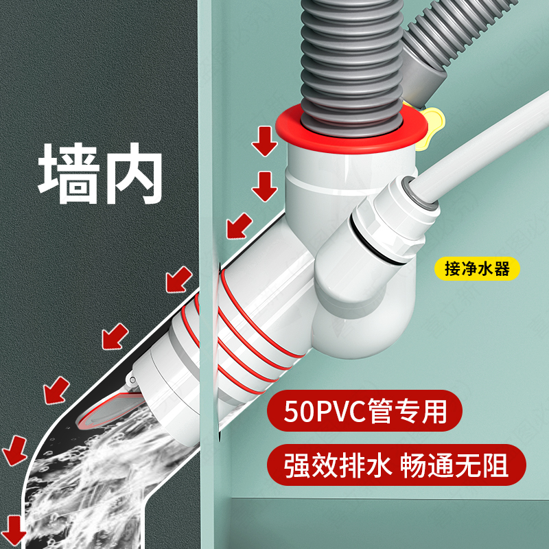 厨房45度墙排下水三通防返臭神器